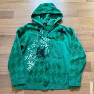 Men's y2k Hybrid Tees Green Argyle Guitar Zip Up Hoodie Sweatshirt Sz Medium M